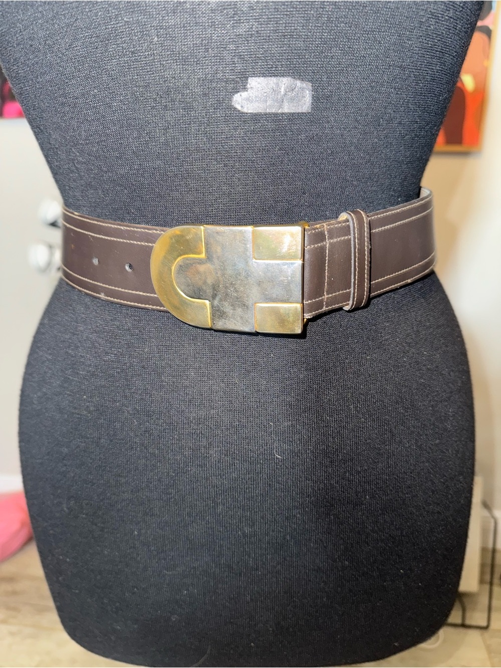 Vintage Anne Klein Women’s Brown Leather Belt with Mixed Metal Buckle
